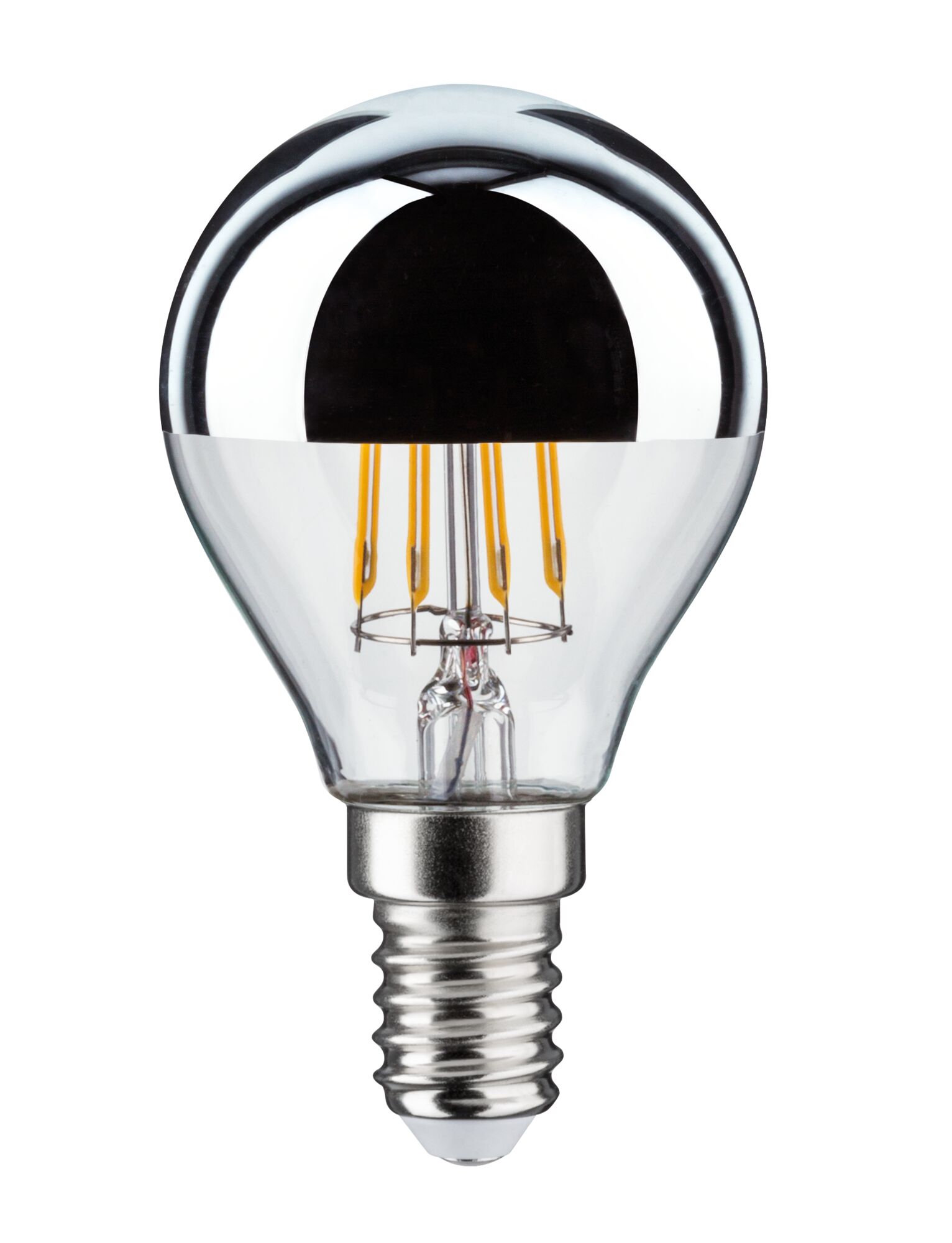 LED bulb with E14 base, clear glass and silver mirror cap for energy-efficient lighting