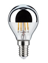LED bulb with E14 base, clear glass and silver mirror cap for energy-efficient lighting
