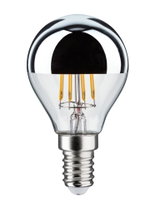 LED-Glühbirne mit E14-Fassung, klarem Glas und silberner Spiegelkappe für energiesparende Beleuchtung