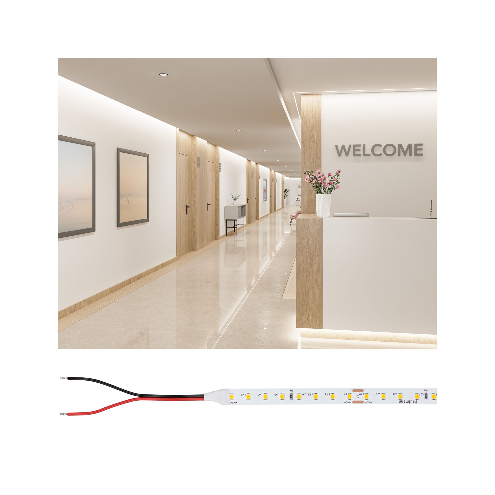 Flexible LED-Lichtleiste mit weißen LEDs und Anschlusskabeln für energiesparende Beleuchtung