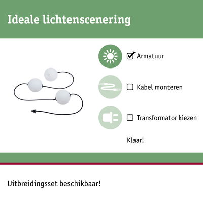 Witte bolverlichting met zwarte kabel voor eenvoudige lichtscenering zonder kabelmontage