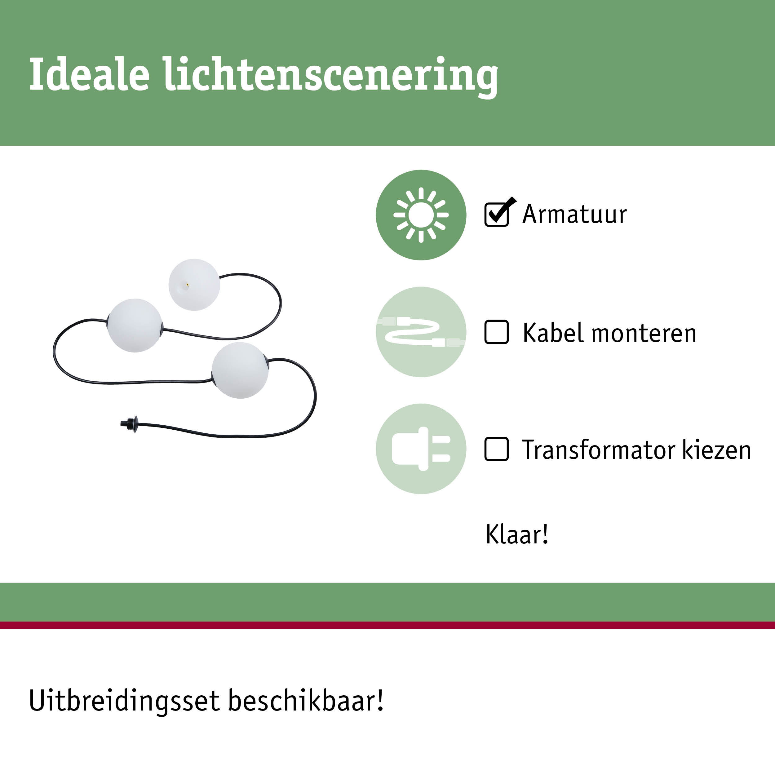Zwart snoer met witte bolvormige lichtbronnen voor flexibele lichtscènes