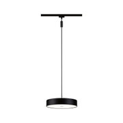 Schwarze Pendelleuchte aus Metall mit rundem Lampenschirm und weißem Diffusor für moderne Innenbeleuchtung