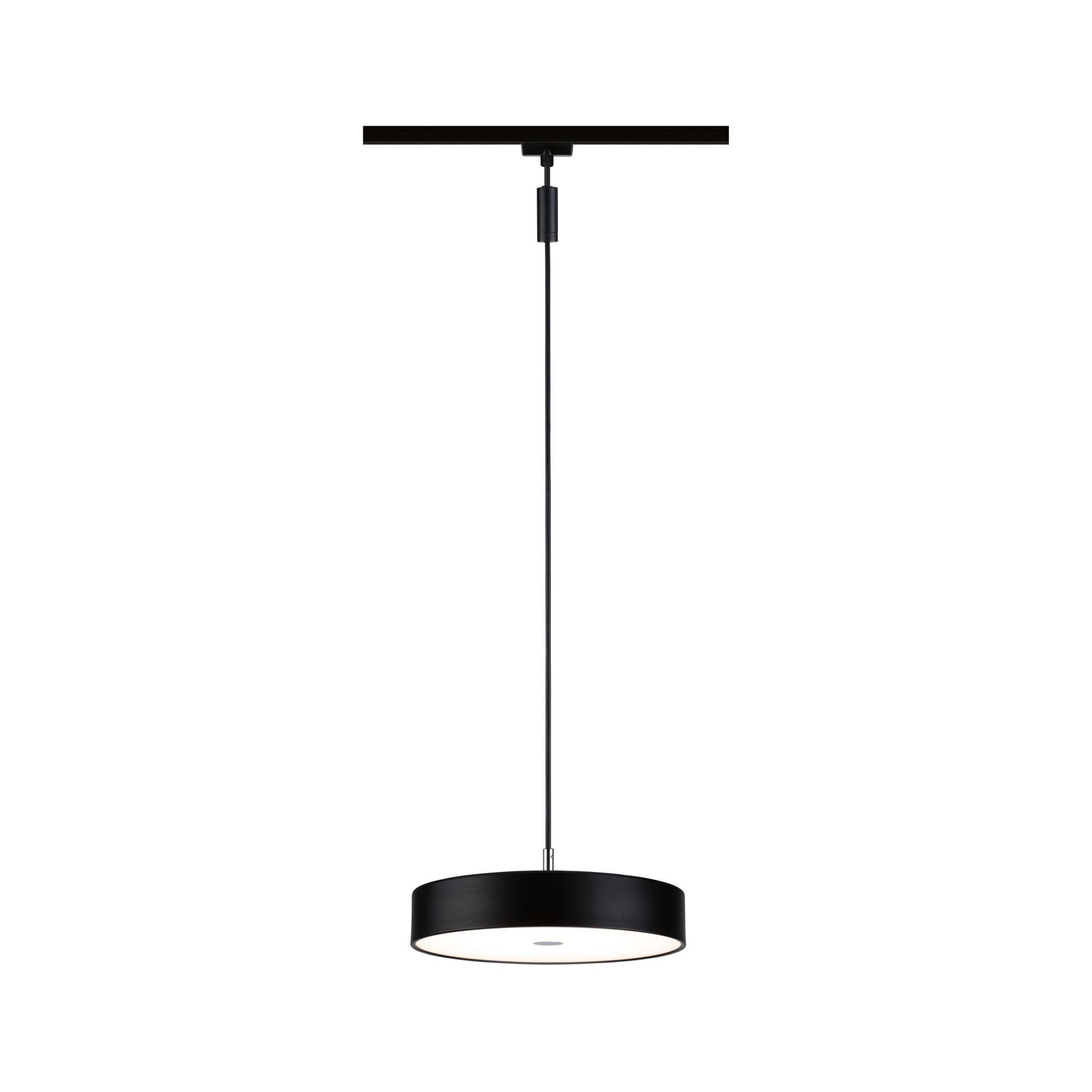 Schwarze Pendelleuchte aus Metall mit rundem Lampenschirm und weißem Diffusor für moderne Innenbeleuchtung