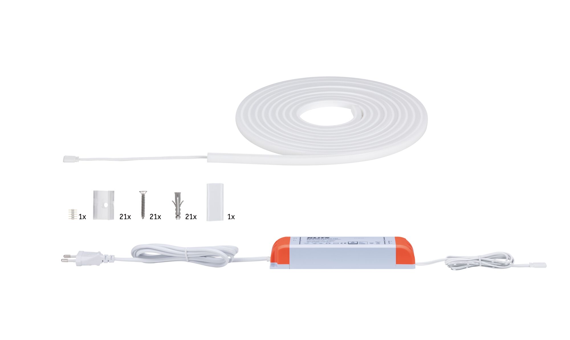 White LED light strip with power supply and mounting accessories for flexible lighting setups