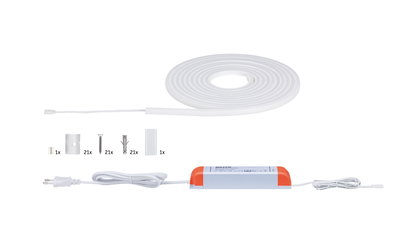 White LED light strip with power supply and mounting accessories for flexible lighting setups