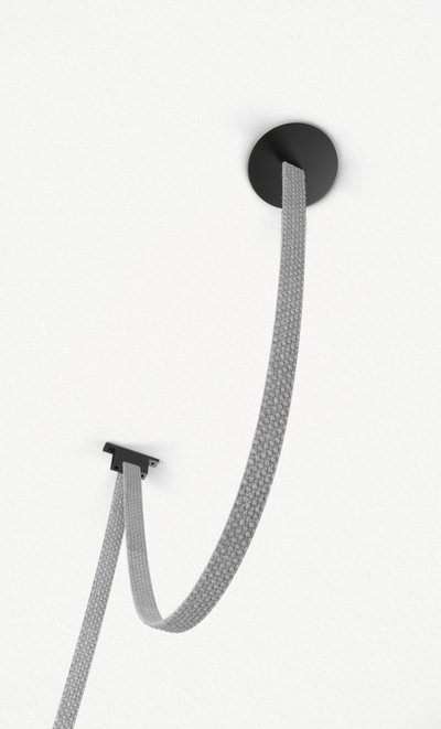 Grey textile cable with black ceiling mount for modern LED pendant lighting