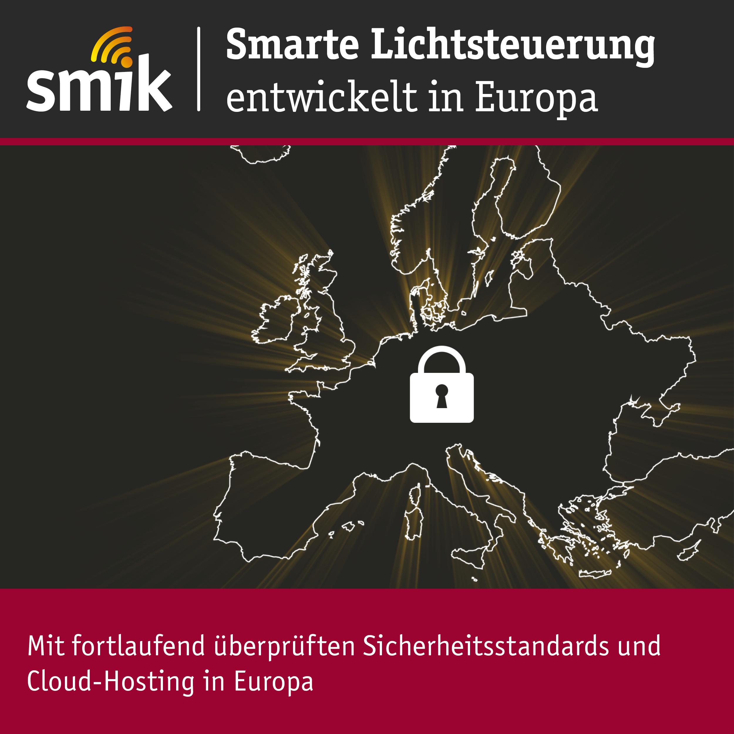 Karte von Europa mit Schloss-Symbol und Text zu sicherer smarter Lichtsteuerung und Cloud-Hosting in Europa