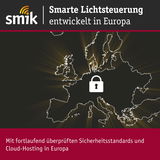 Karte von Europa mit Schloss-Symbol und Text zu sicherer smarter Lichtsteuerung und Cloud-Hosting in Europa