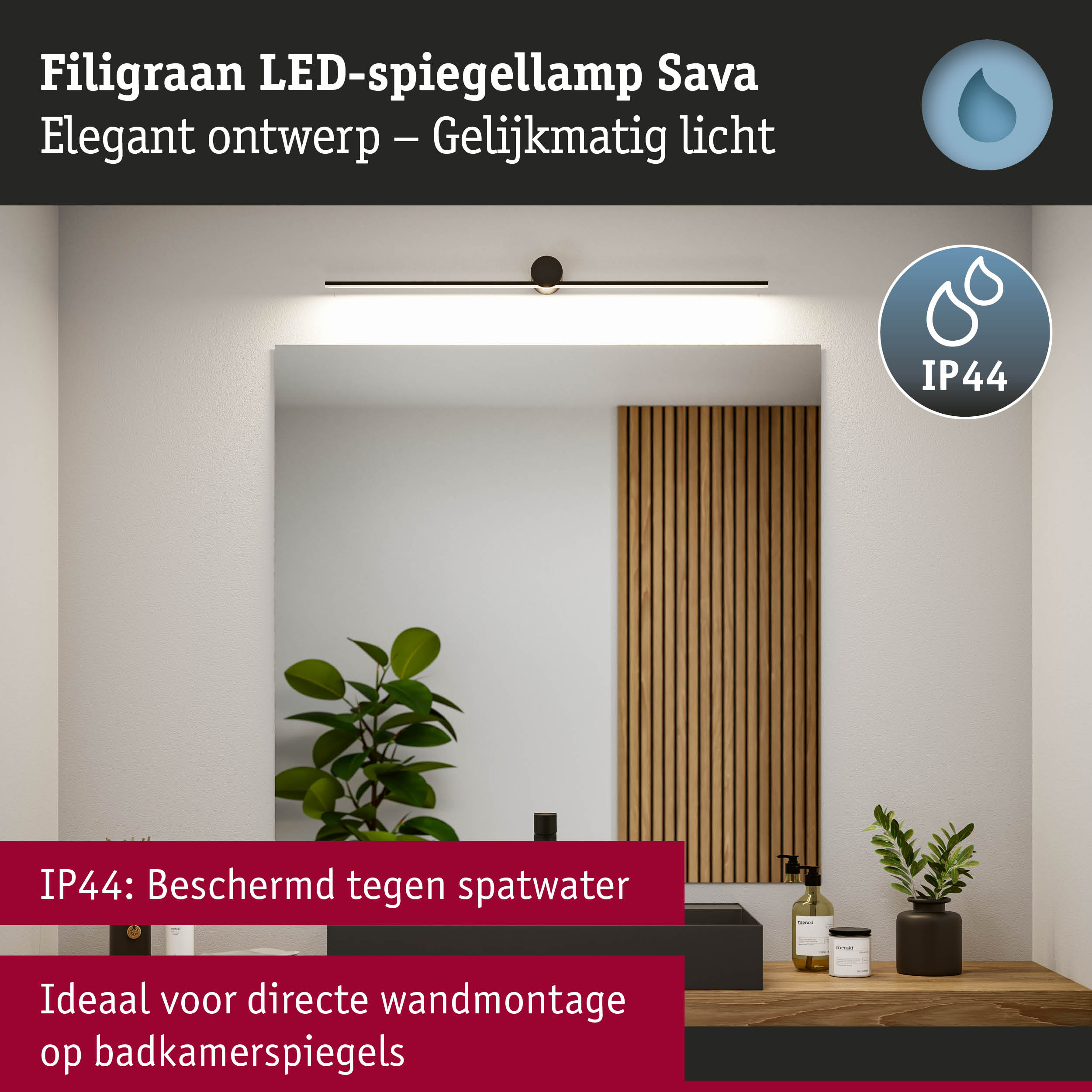 Filigraan zwarte LED-spiegellamp Sava met IP44 bescherming, ideaal voor badkamerwandmontage