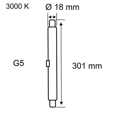 Technische Zeichnung einer G5 Leuchtstoffröhre mit 301 mm Länge und 18 mm Durchmesser, 3000 K Lichtfarbe.