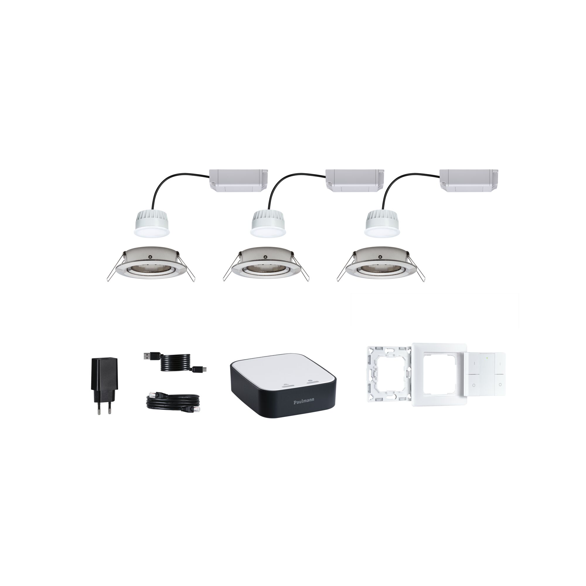 Drie witte LED-inbouwspots met zilveren rand, besturingseenheid, kabels en schakelraam voor verlichting