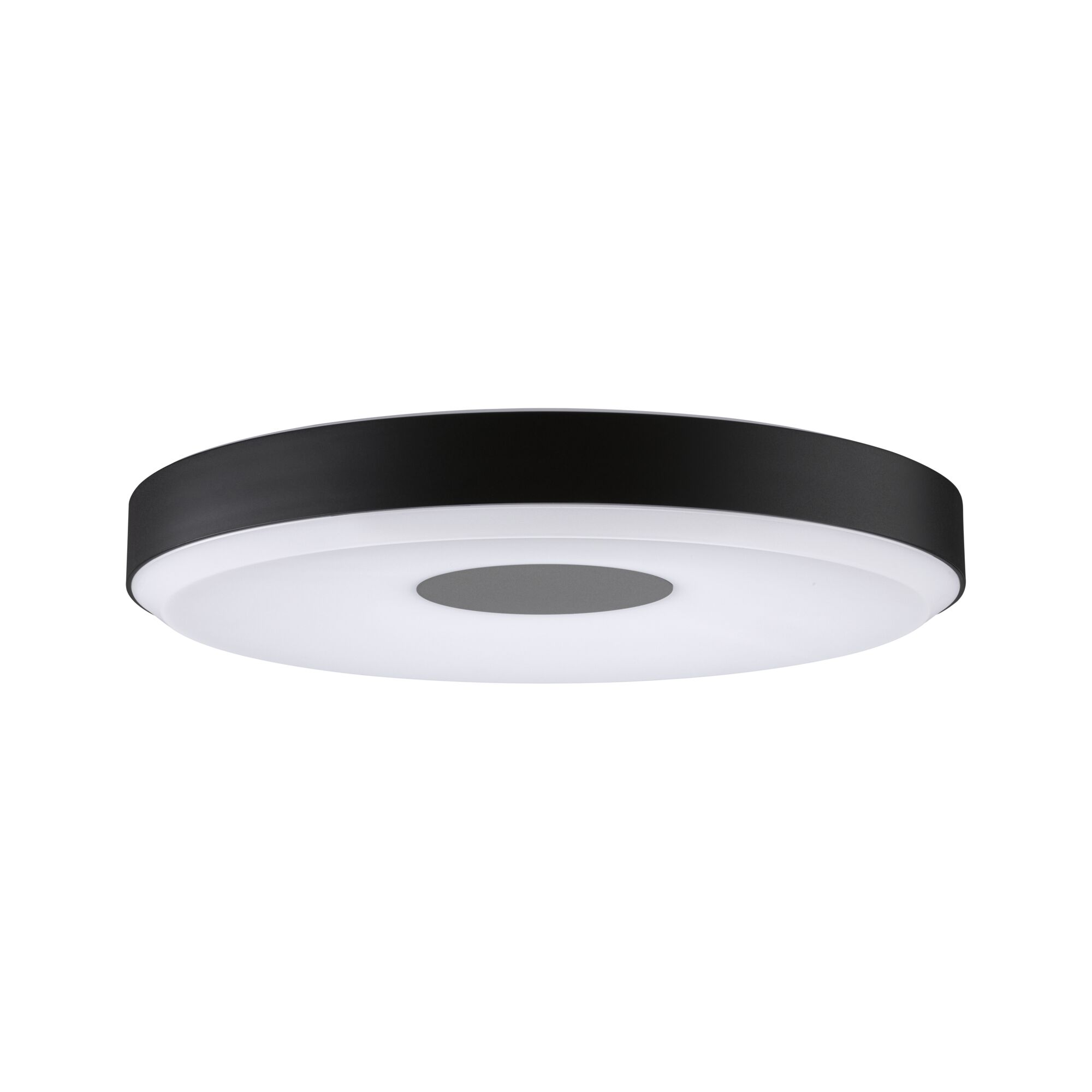 Plafonnier LED rond avec cadre métallique noir et diffuseur blanc pour éclairage moderne