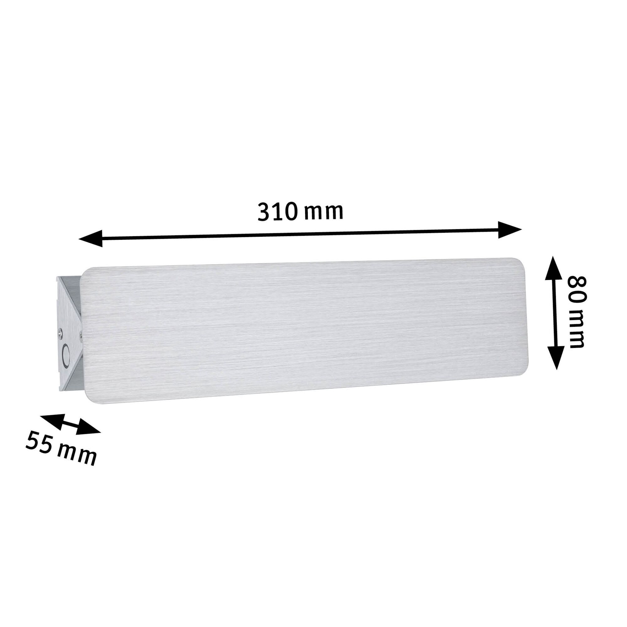 Rectangular brushed silver aluminum wall light measuring 310x80x55 mm for modern lighting solutions