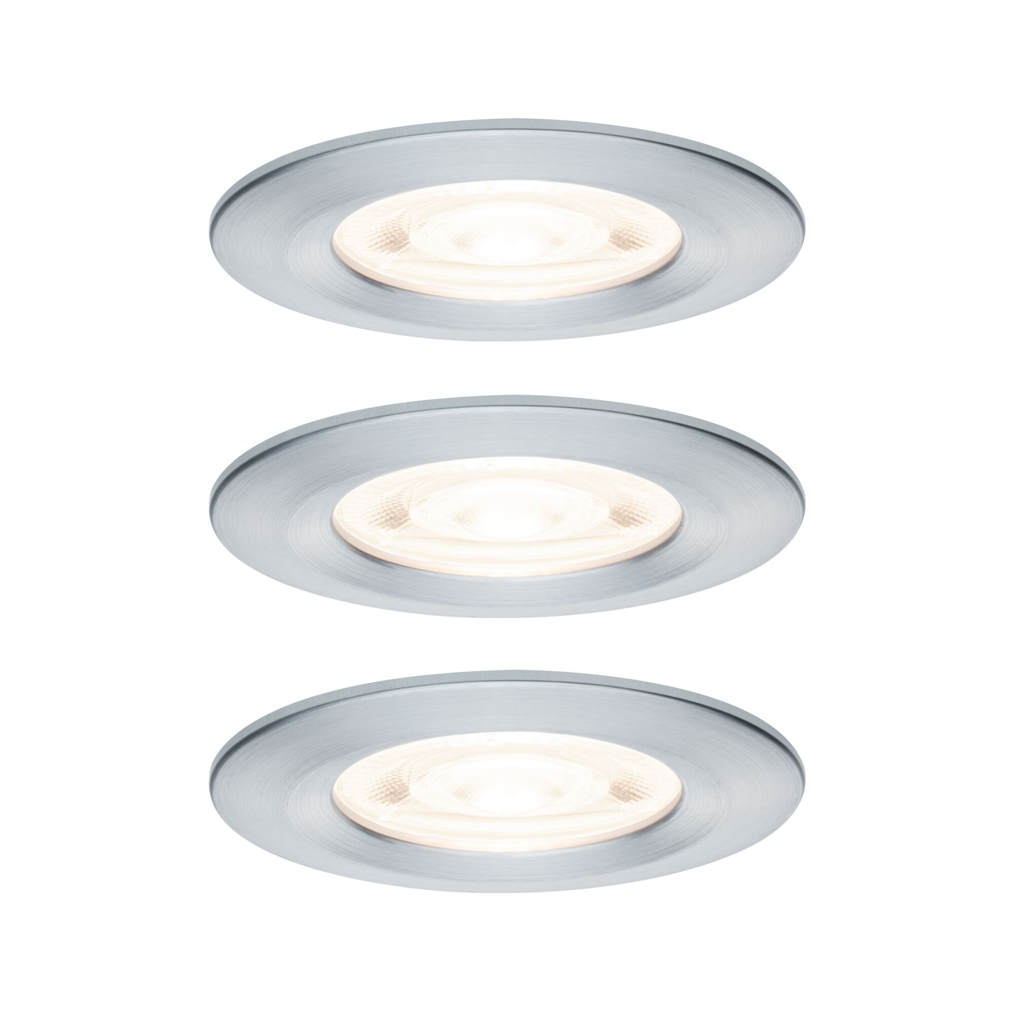 Drei runde LED-Einbaustrahler aus gebürstetem Aluminium in Silber für moderne Raumbeleuchtung