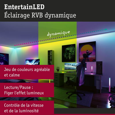 Éclairage LED RGB dynamique dans une salle de jeu moderne avec effets lumineux colorés et contrôle de luminosité