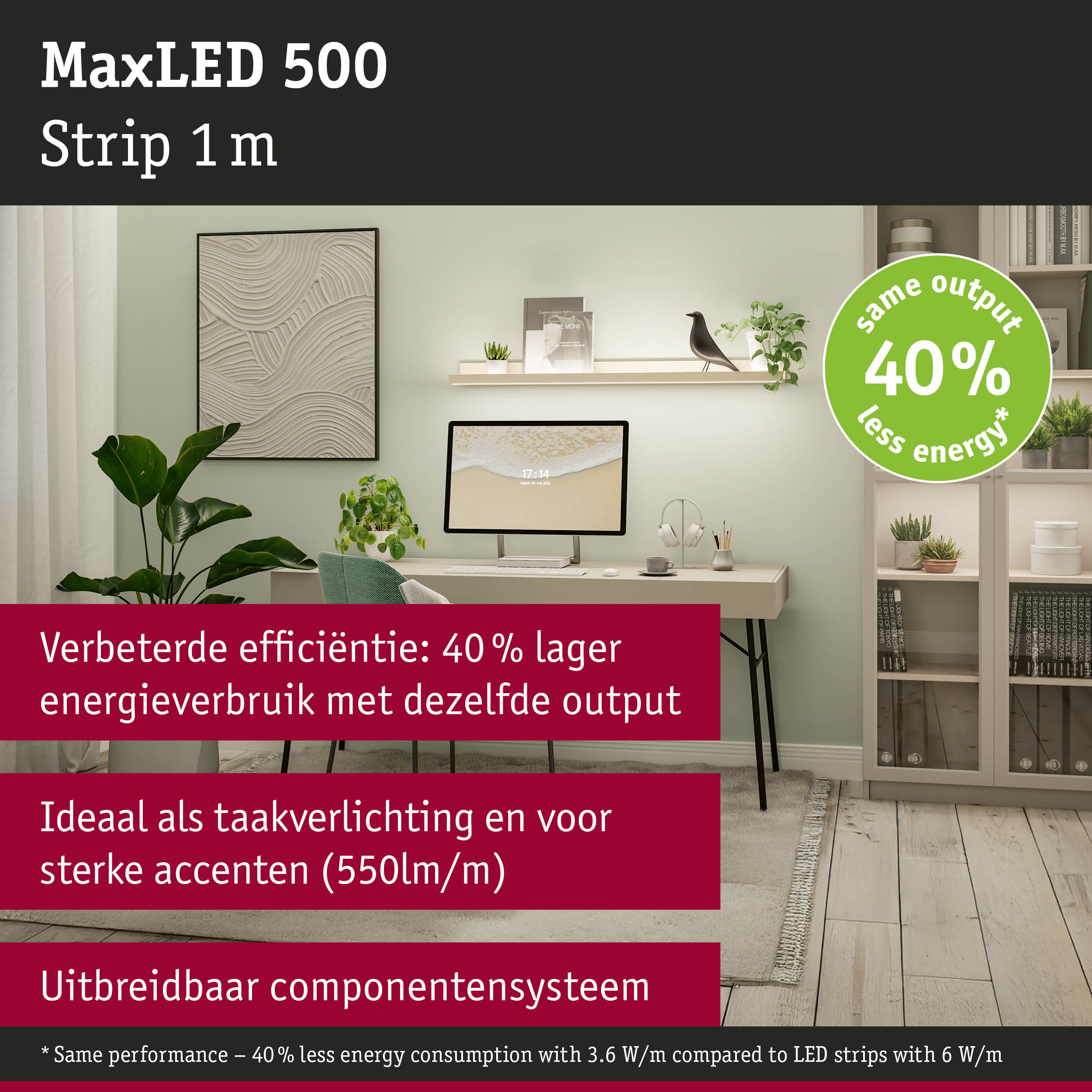 MaxLED 500 LED-strip 1 m voor energiezuinige accentverlichting in een moderne werkkamer