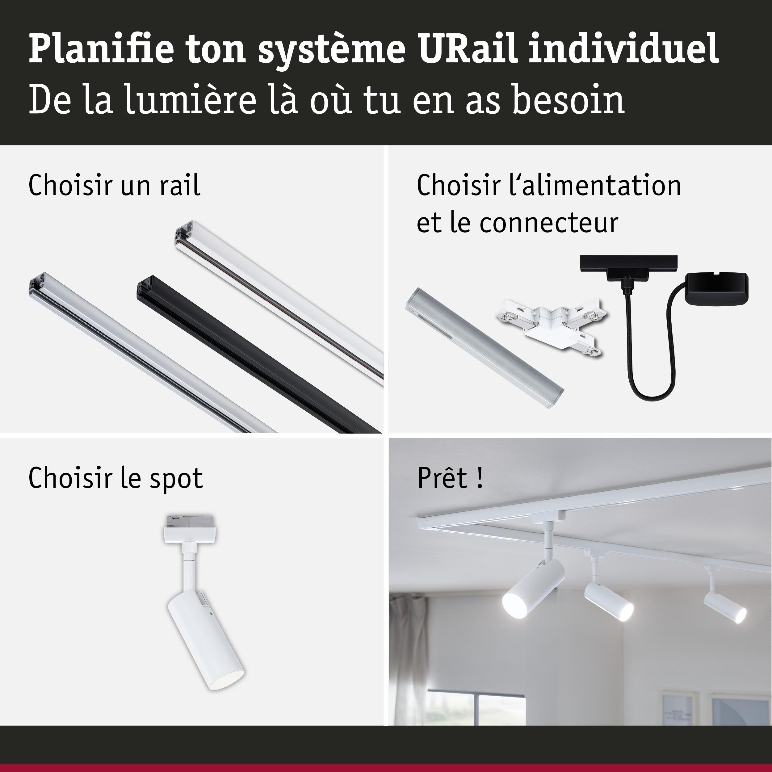 Système modulaire URail avec rails en aluminium noir, blanc et argent pour spots LED
