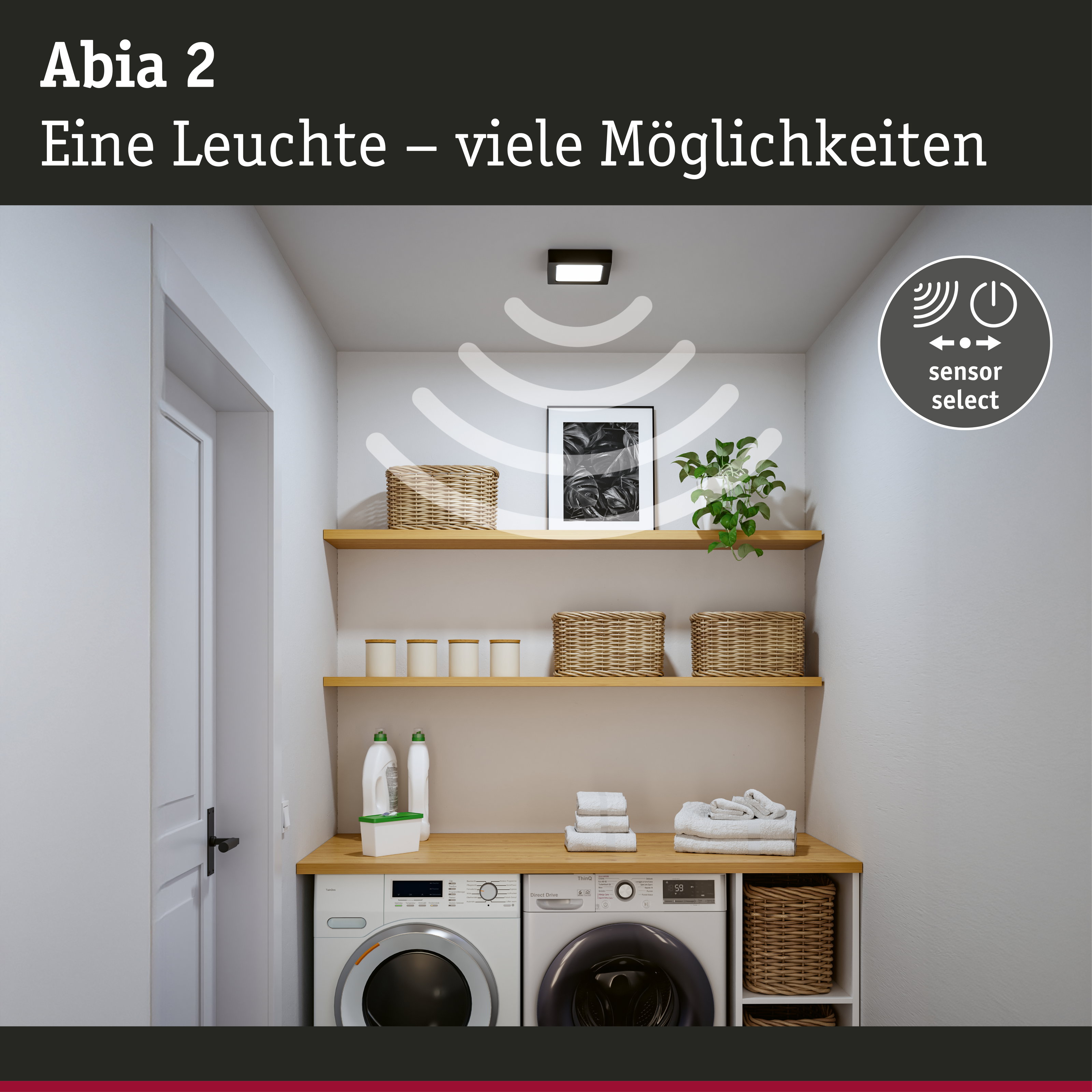 Abia 2 LED-Deckenleuchte in Schwarz mit Sensorfunktion für Flur und Waschküche