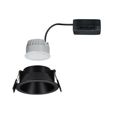 Schwarzer Einbaustrahler mit weißem LED-Modul und schwarzem Anschlusskasten für moderne Beleuchtung