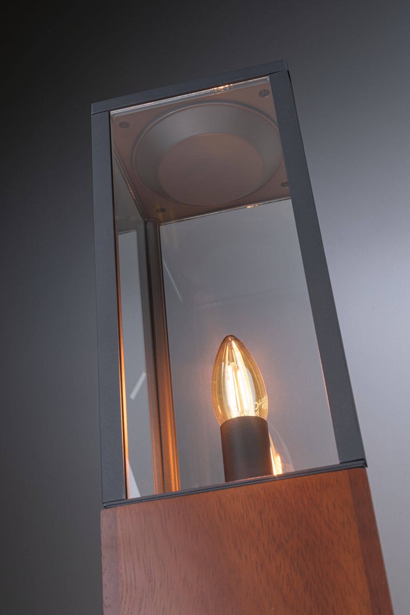 Modern outdoor wall light with wood finish and black metal frame, warm white light for garden lighting