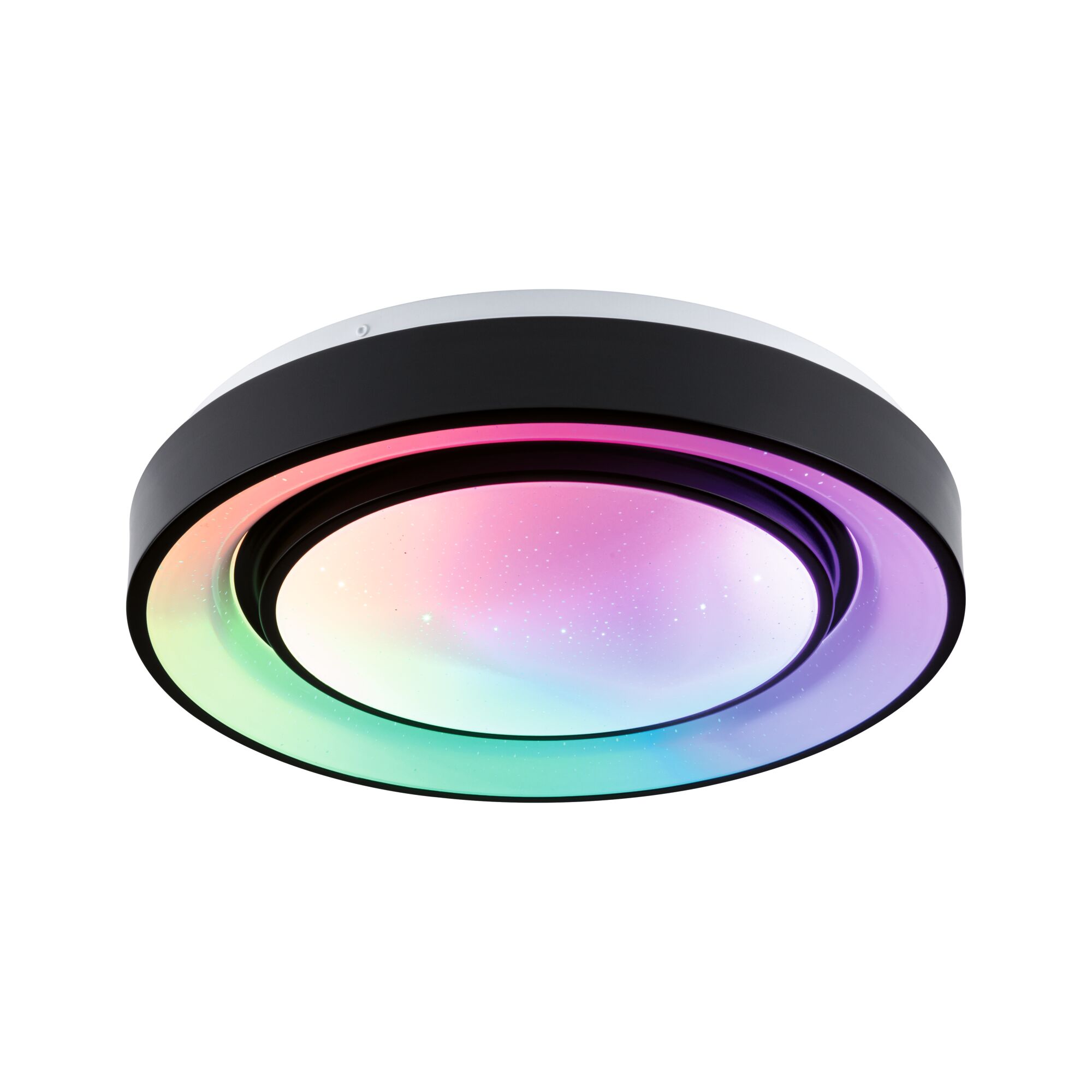 Round LED ceiling light with black frame and multicolor starry sky effect for living spaces.