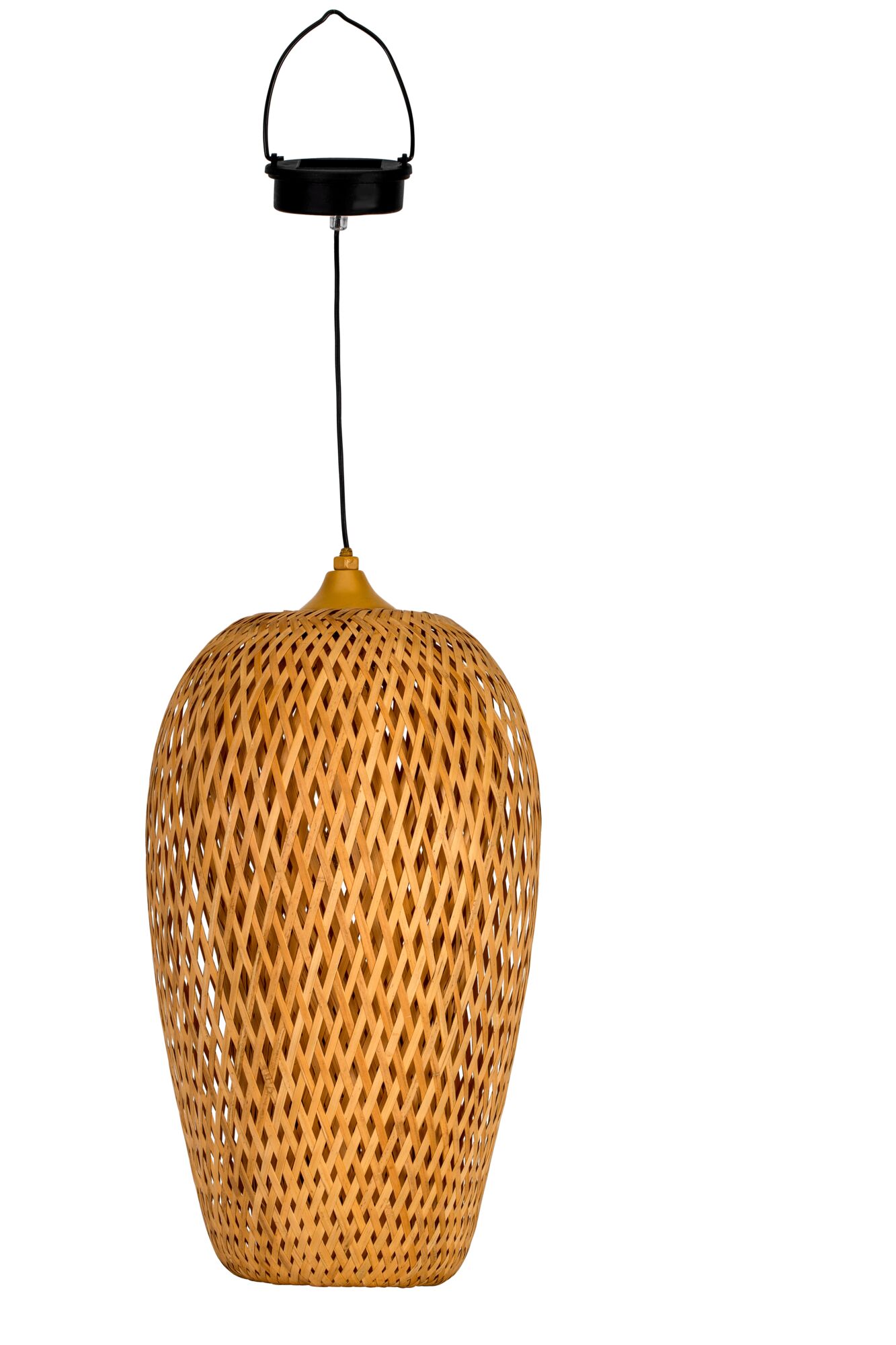 Hanglamp van gevlochten bamboe in natuurlijke kleur met zwarte plafondbevestiging voor binnenverlichting