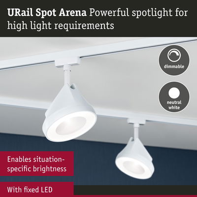 White URail Spot Arena LED spotlight on track with dimmable neutral white light