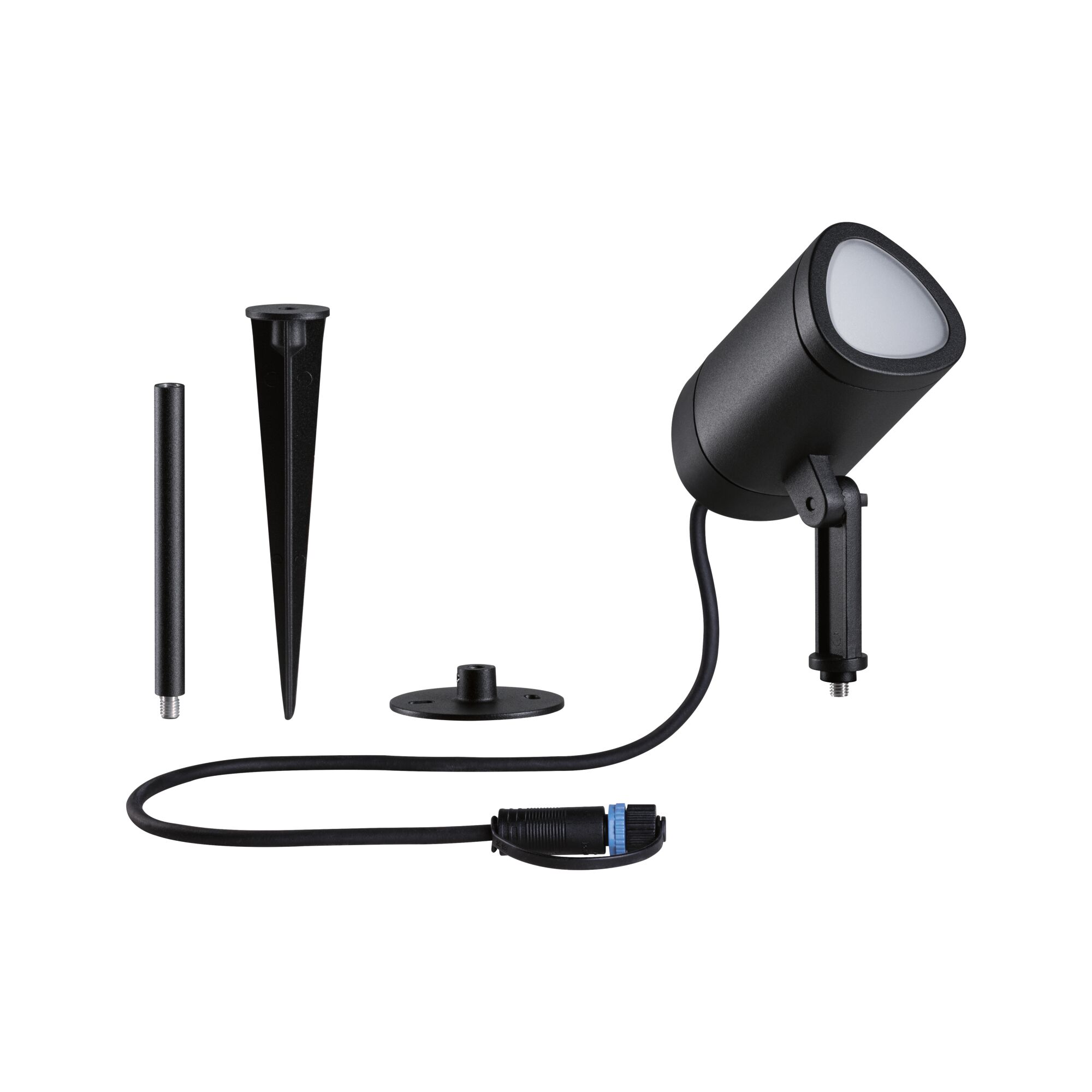 Black LED outdoor spotlight with ground spike, extension, and mounting plate for garden lighting