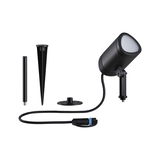 Black LED outdoor spotlight with ground spike, extension, and mounting plate for garden lighting