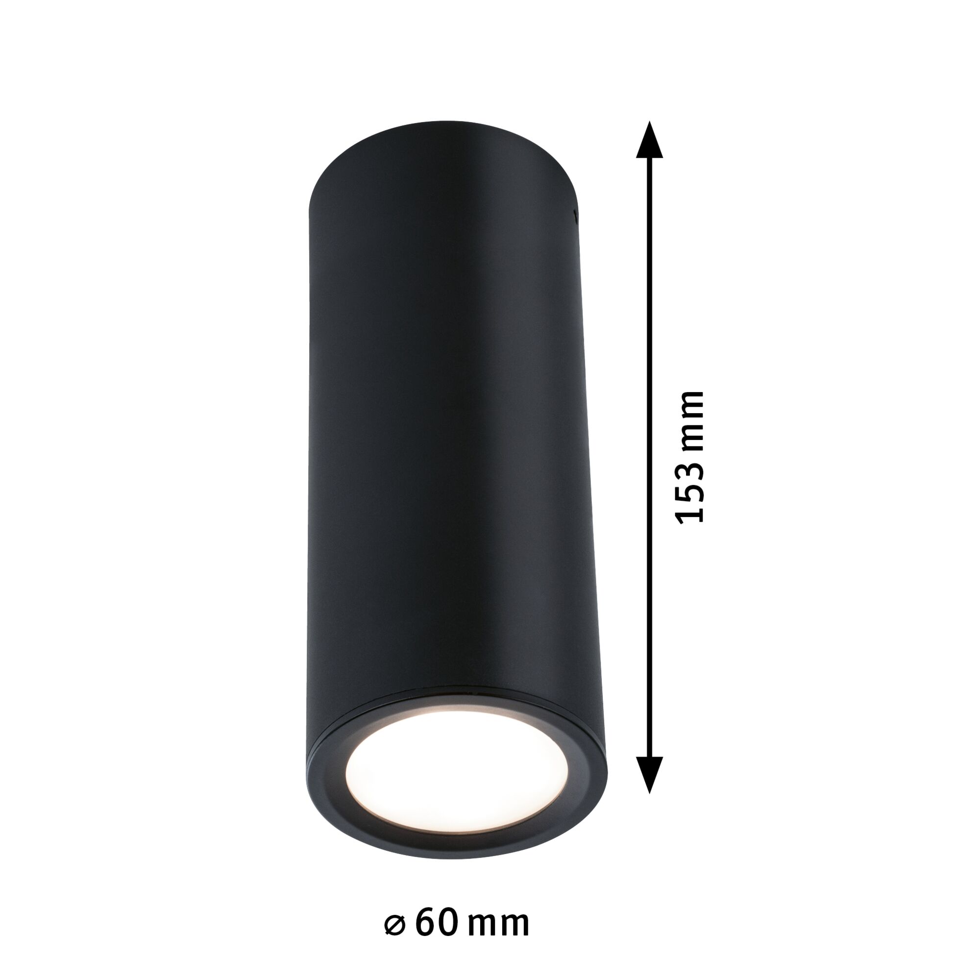 Black cylindrical metal LED ceiling light, 153 mm height, 60 mm diameter, modern indoor lighting fixture