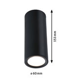 Black cylindrical metal LED ceiling light, 153 mm height, 60 mm diameter, modern indoor lighting fixture