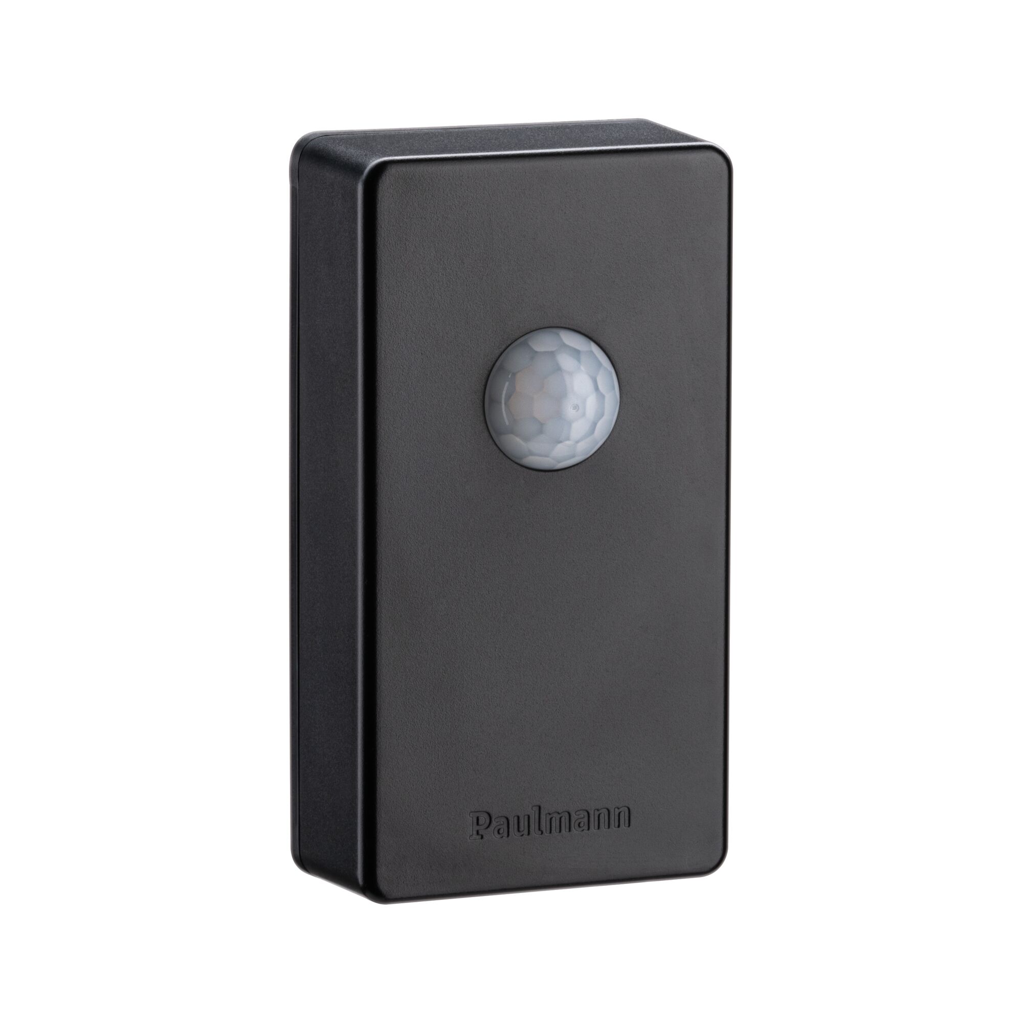 Black plastic housing with round sensor lens, Paulmann motion detector for light control