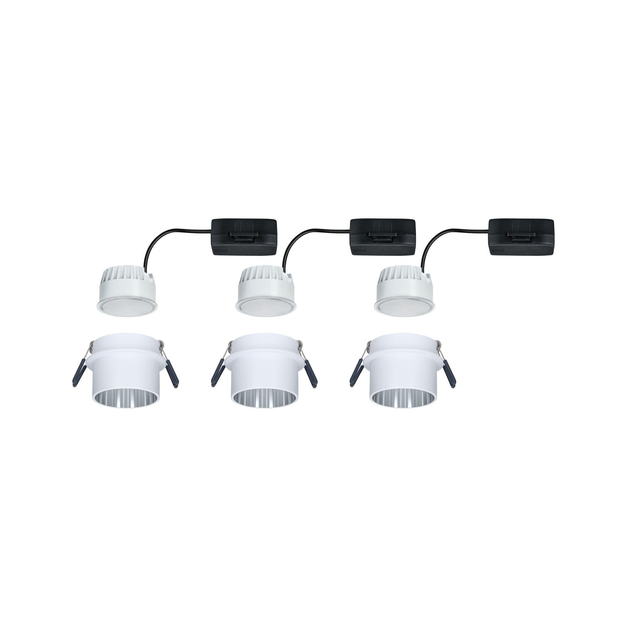 Drei weiße LED-Einbaustrahler mit schwarzem Anschlusskabel und Clips für Deckenmontage, LED Beleuchtung