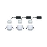 Drei weiße LED-Einbaustrahler mit schwarzem Anschlusskabel und Clips für Deckenmontage, LED Beleuchtung