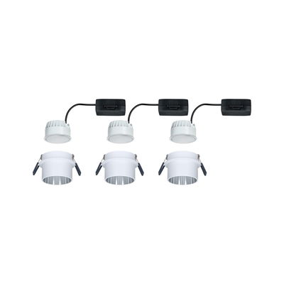 Three white LED recessed spotlights with black connector cables and clips for ceiling installation, LED lighting