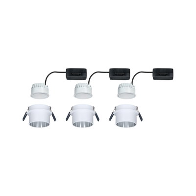 Three white LED recessed spotlights with black connector cables and clips for ceiling installation, LED lighting