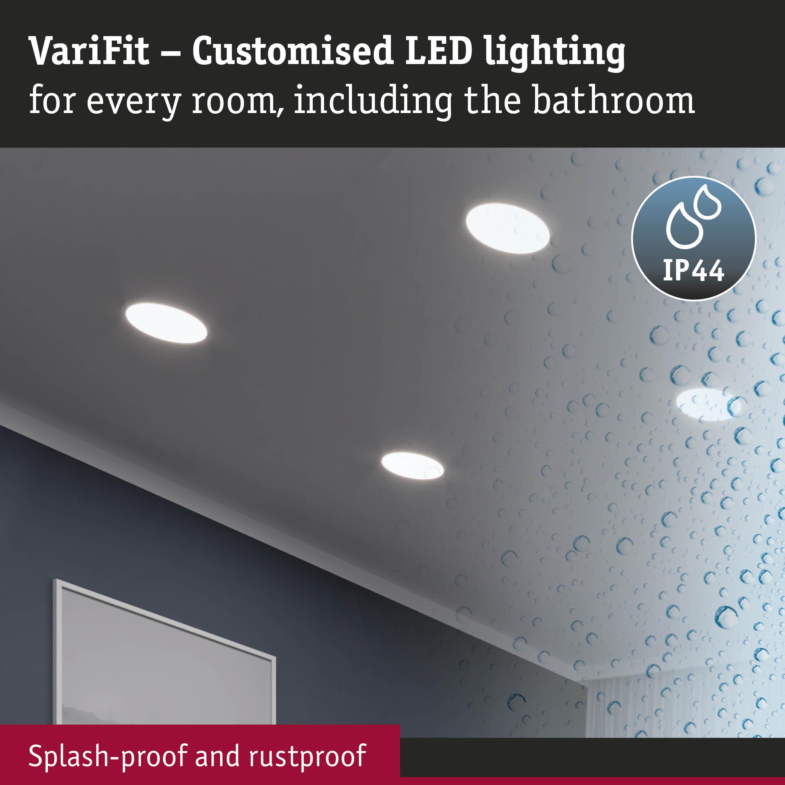 VariFit white LED recessed lights, splash-proof and rustproof, perfect for bathroom lighting solutions