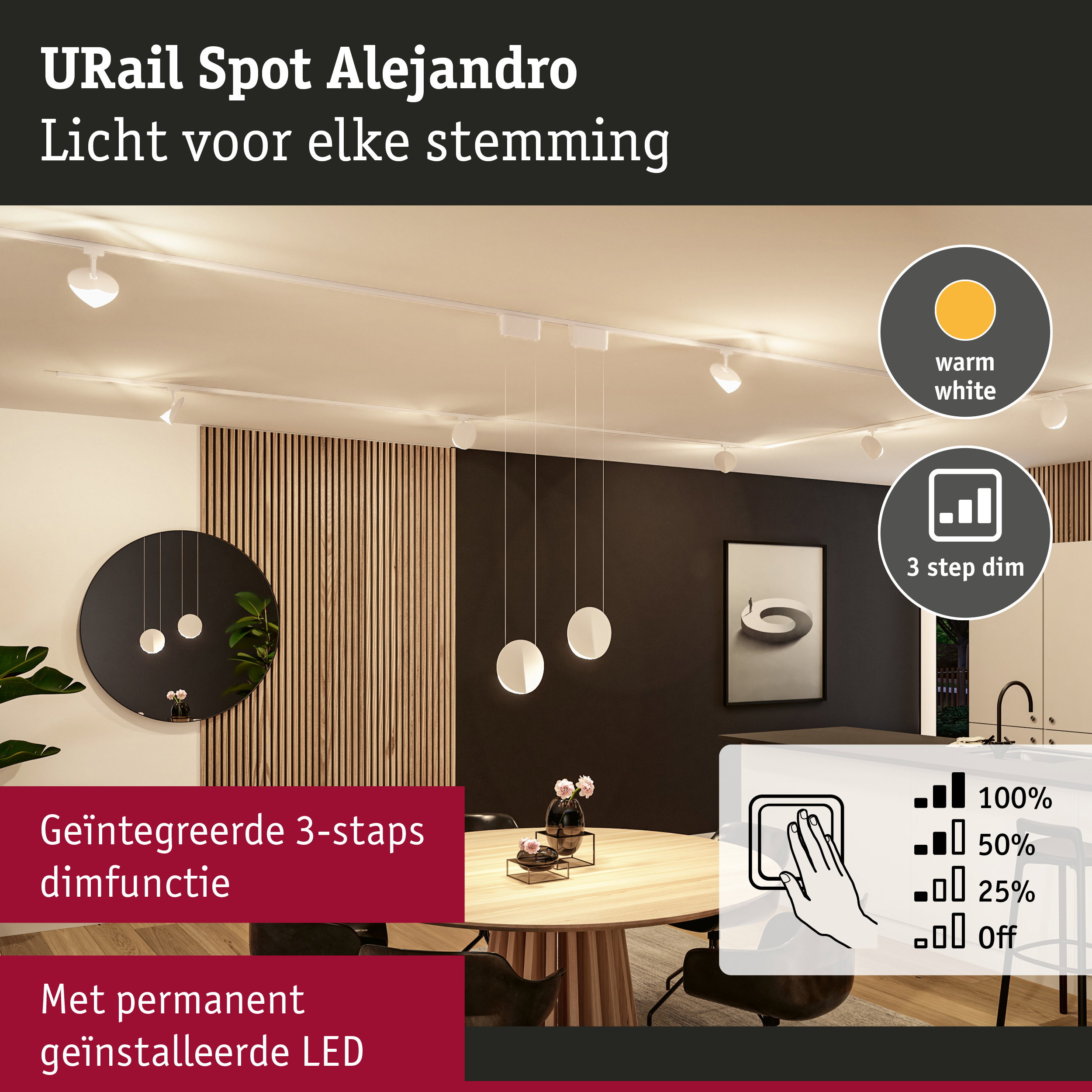 URail Spot Alejandro witte LED plafondspots met geïntegreerde 3-staps dimfunctie en warm wit licht