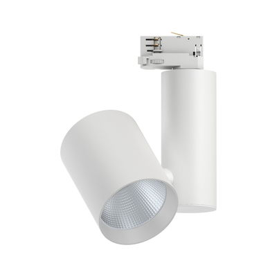Modern white metal LED spotlight for track systems, dimmable and adjustable lighting