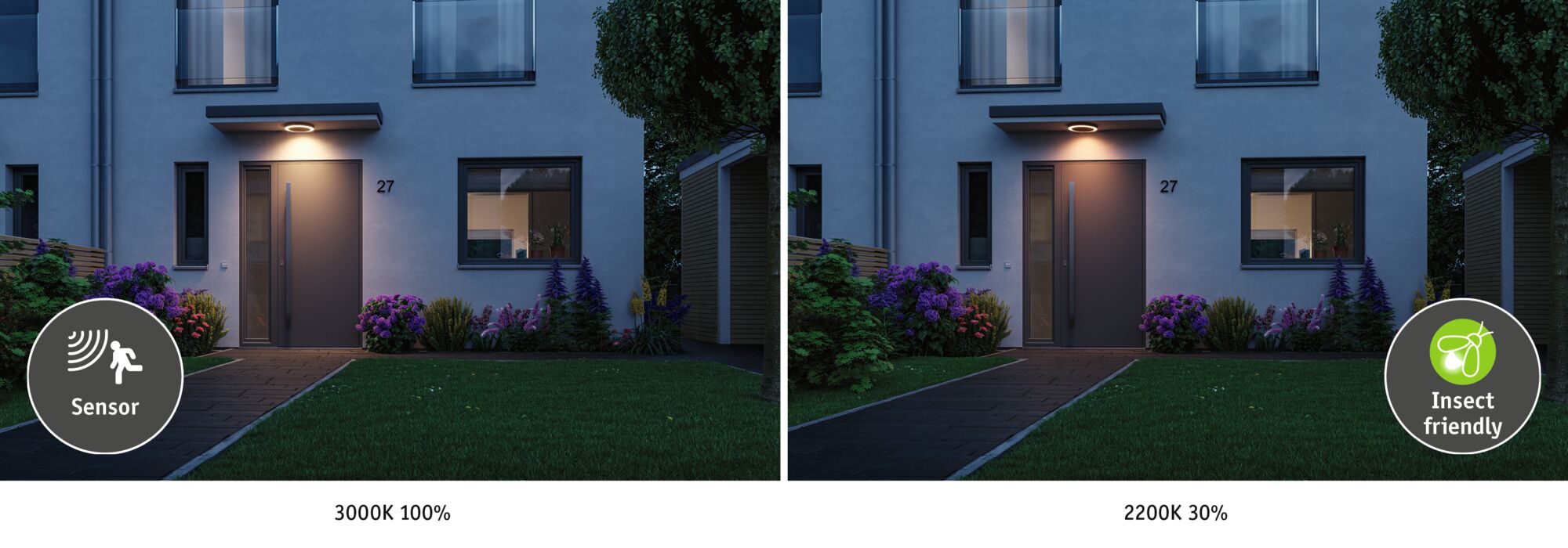 Modern outdoor wall light with sensor and insect-friendly warm white light at front door.