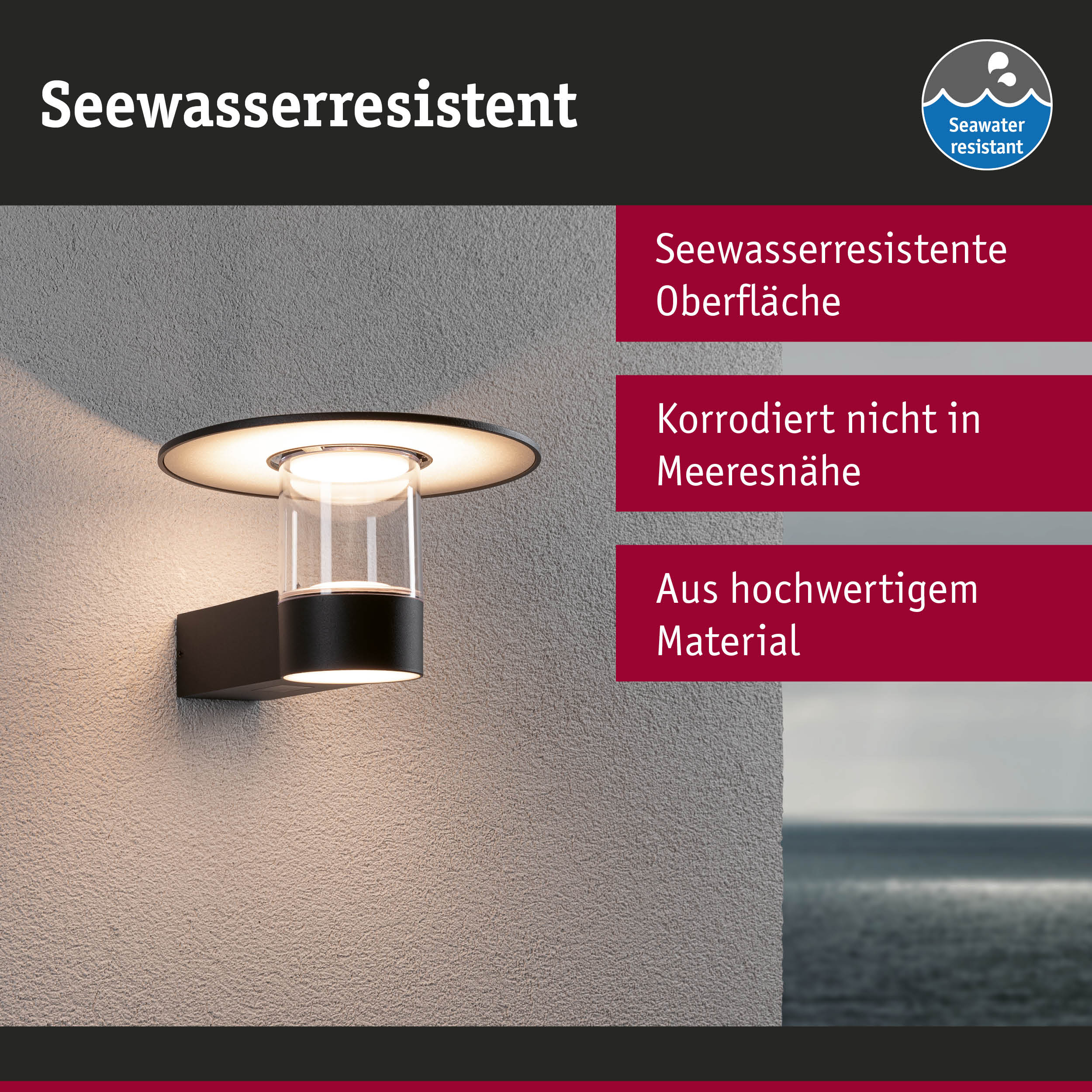 Schwarze Außenwandleuchte mit seewasserresistenter Oberfläche aus hochwertigem Material