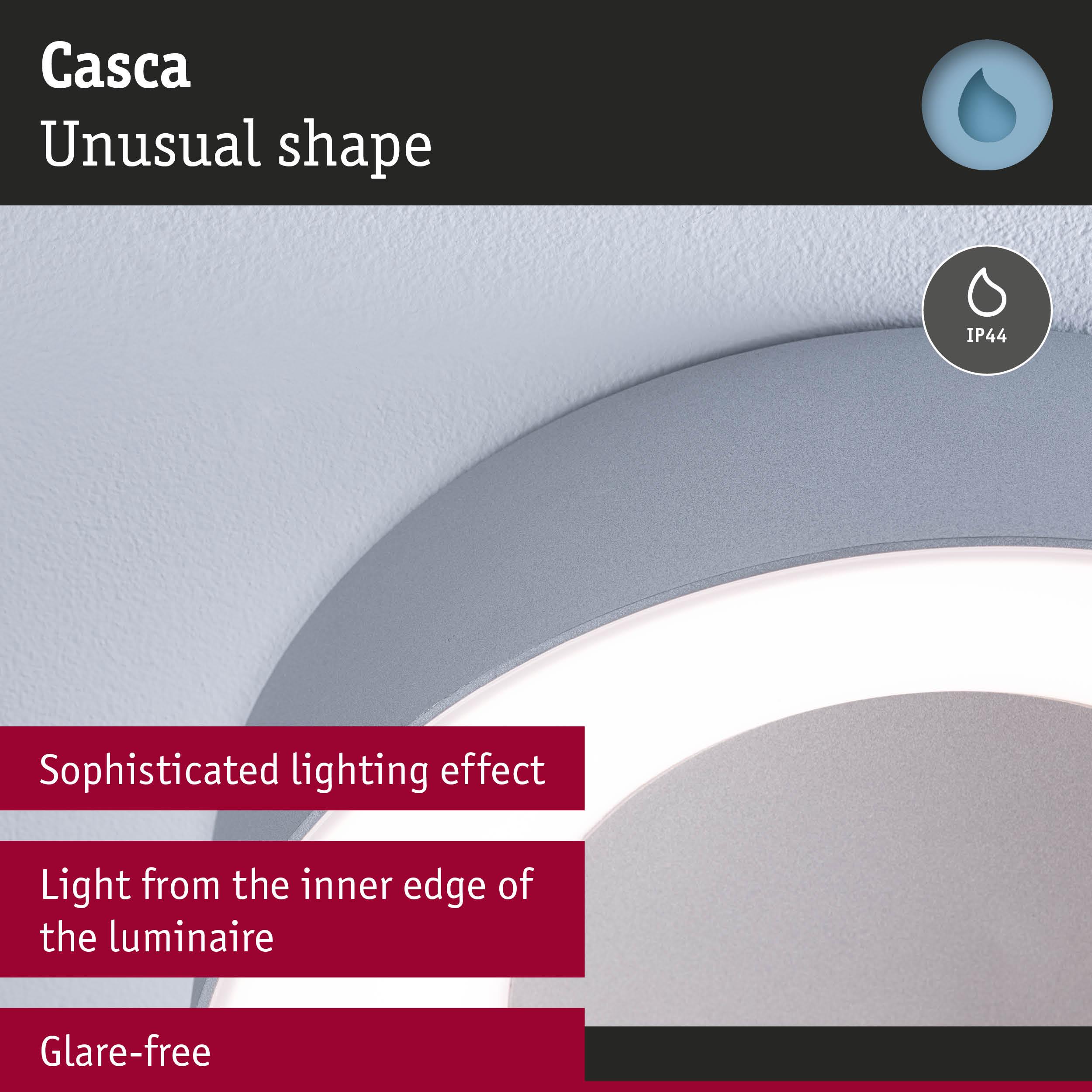 Casca round grey LED ceiling light with glare-free illumination and IP44 rating for bathroom use
