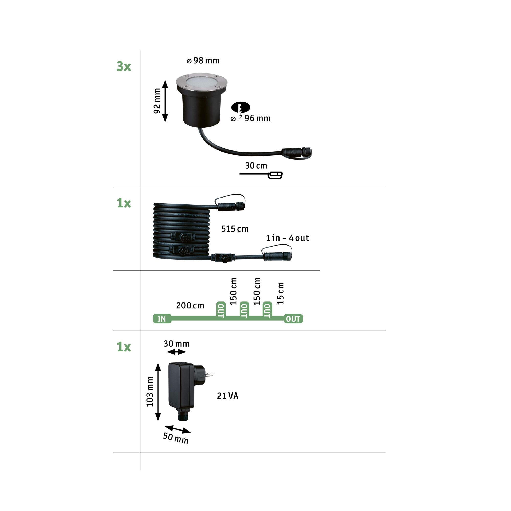 Technical drawing showing black LED ground spotlight with cable for outdoor lighting setup