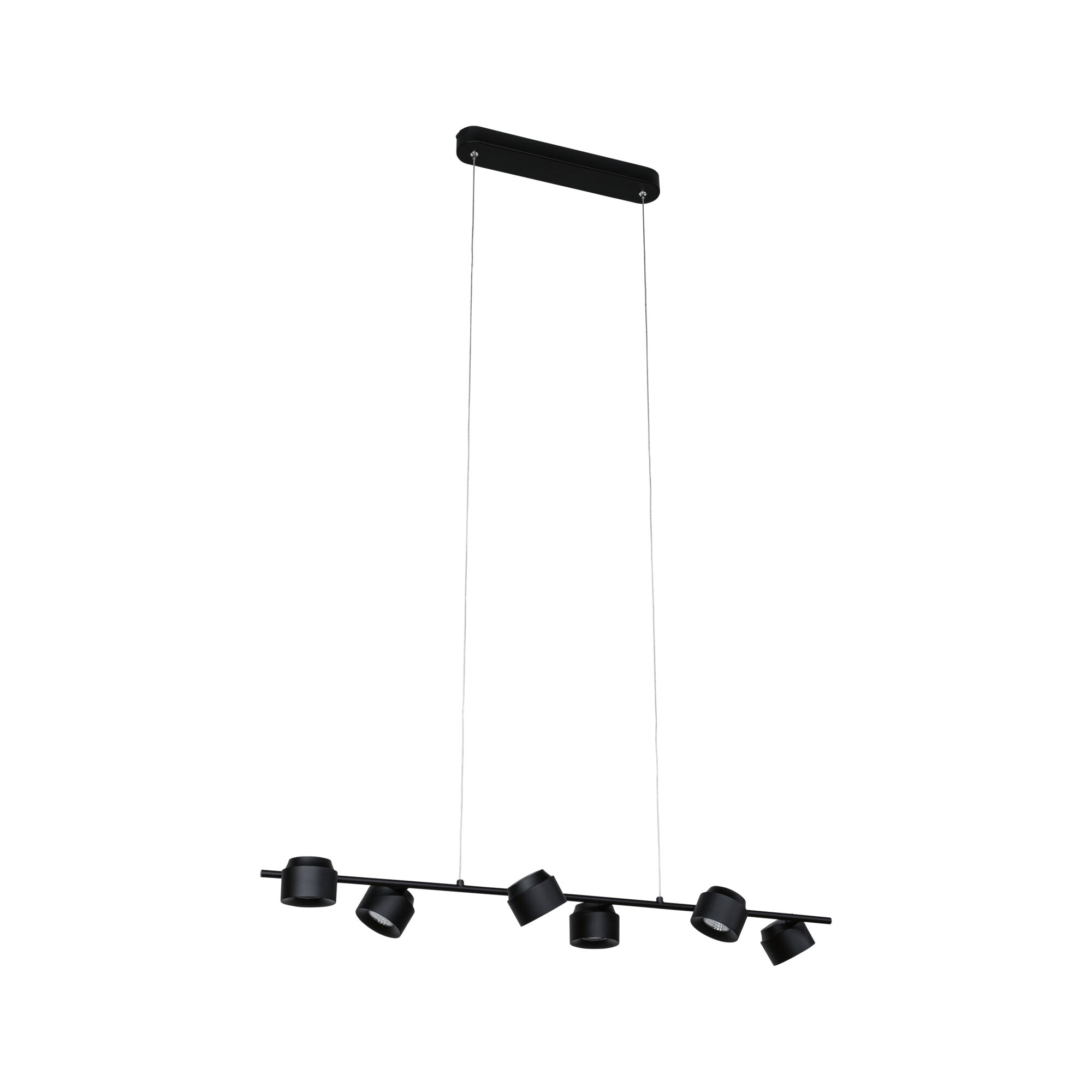 Black metal LED pendant light with six adjustable spotlights for contemporary interior lighting