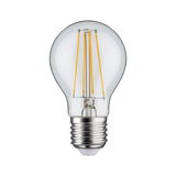 Classic LED light bulb with clear glass and visible yellow filaments for energy-efficient lighting