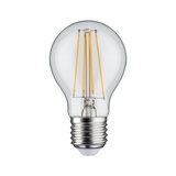 Classic LED light bulb with clear glass and visible yellow filaments for energy-efficient lighting