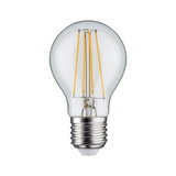 Classic LED light bulb with clear glass and visible yellow filaments for energy-efficient lighting