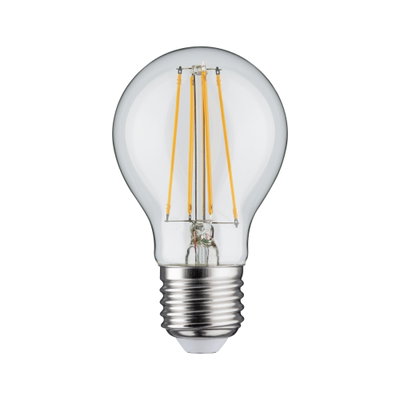 Classic LED light bulb with clear glass and visible yellow filaments for energy-efficient lighting