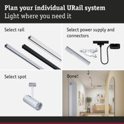Modular URail track system with black and white aluminium rails plus connectors and spotlights